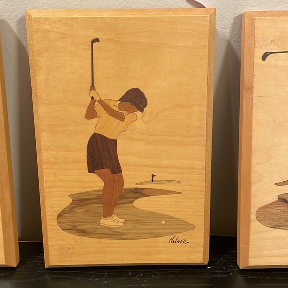 Vintage American Marquetry golf art. 3pc set. - Picture 3 of 8